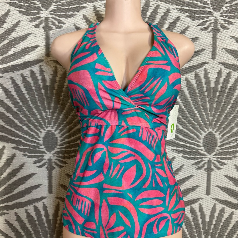 Next By Athena Tankini Top Sz S 38D Pink Teal Tropical Halter Swim NWT